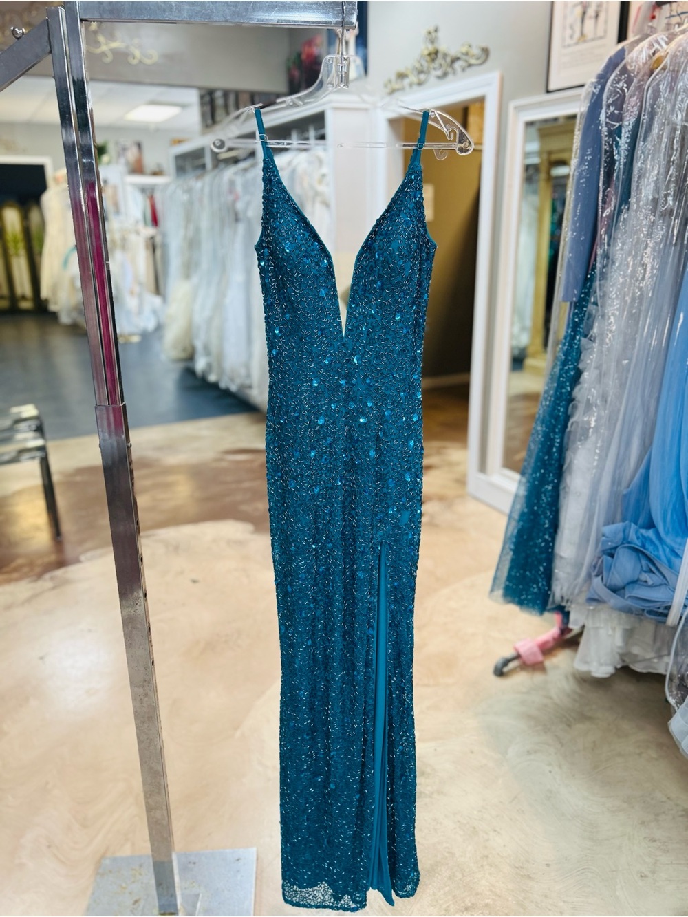 Aleta Teal Sequin V‑Neck Prom Dress with Thigh Slit